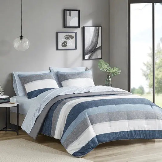 Comforter Set with Bed Sheets Blue/Grey Queen Olliix.com