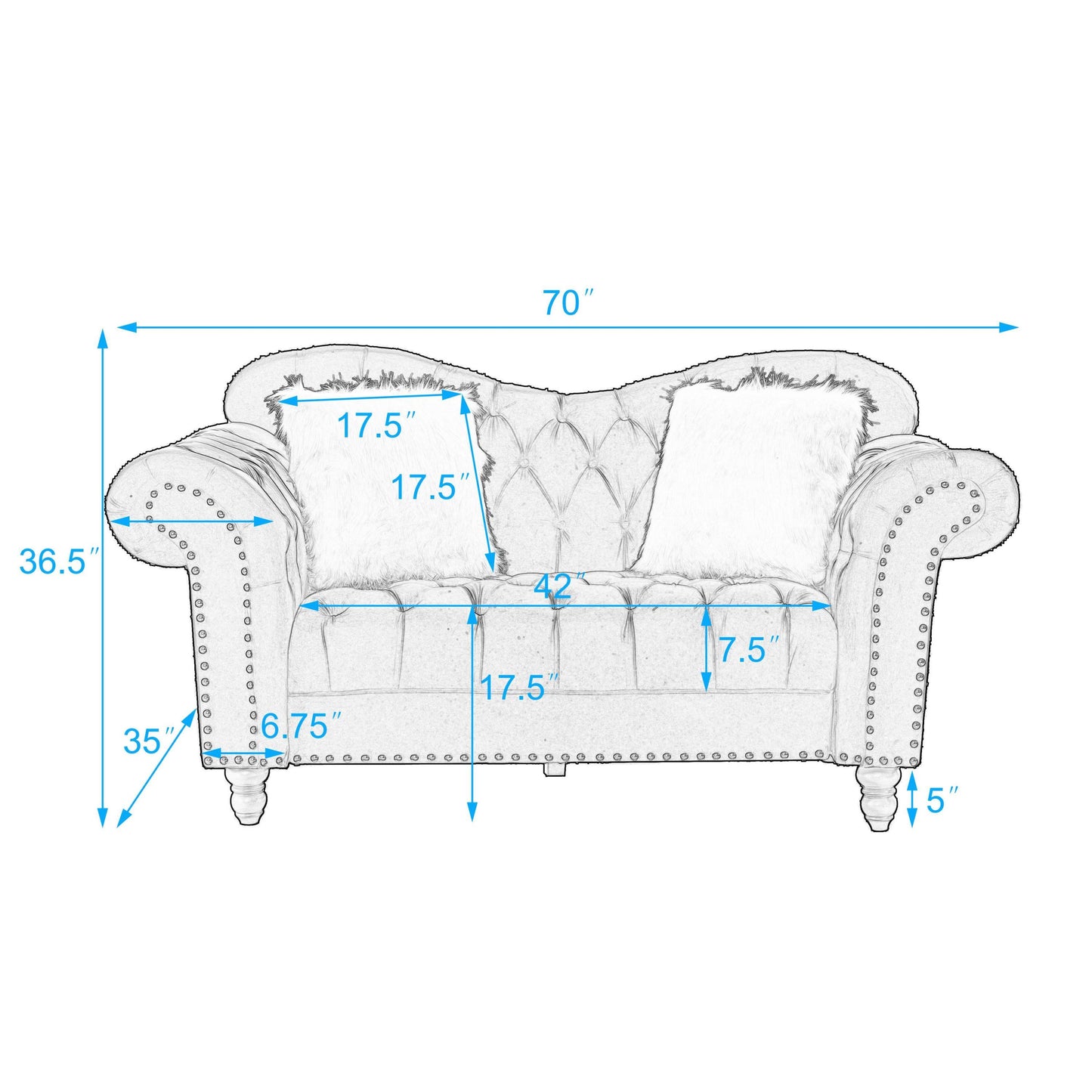 3 Piece Living Room Sofa Set, including 3-Seater Sofa, Loveseat and Sofa Chair, with Button and Copper Nail on Arms and Back, Five White Villose Pillow, Blue. House to Home Furnishings LLC