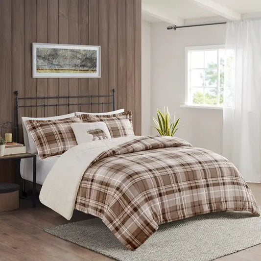 Plush to Sherpa Down Alternative Comforter Set Tan Plaid Full/Queen Olliix.com