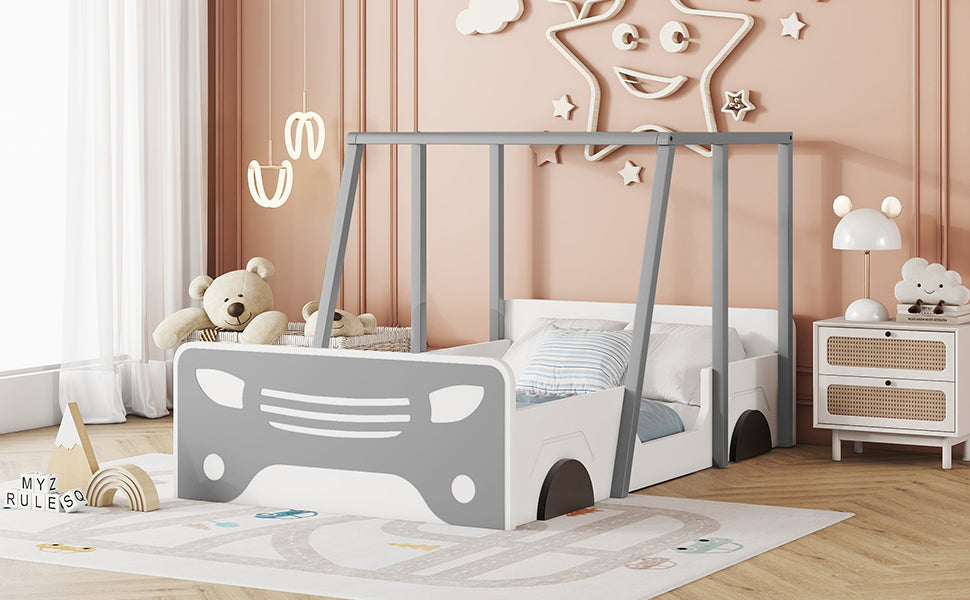 Twin Size Car-shaped Bed with Roof,Wooden Twin Floor Bed with wheels and door Design,Montessori Inspired Bedroom,Grey House to Home Furnishings LLC