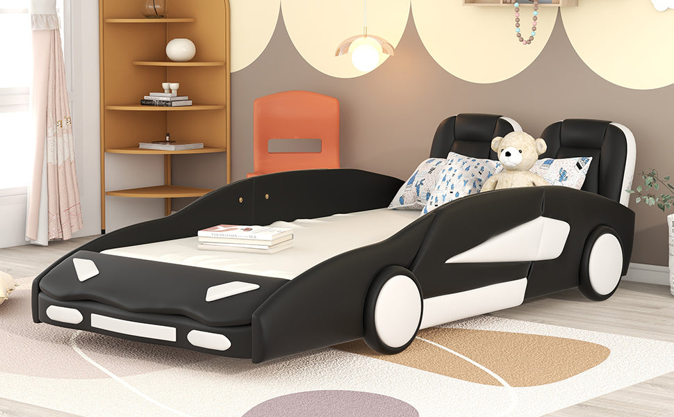 Twin Size Race Car-Shaped Platform Bed with Wheels, Black House to Home Furnishings LLC