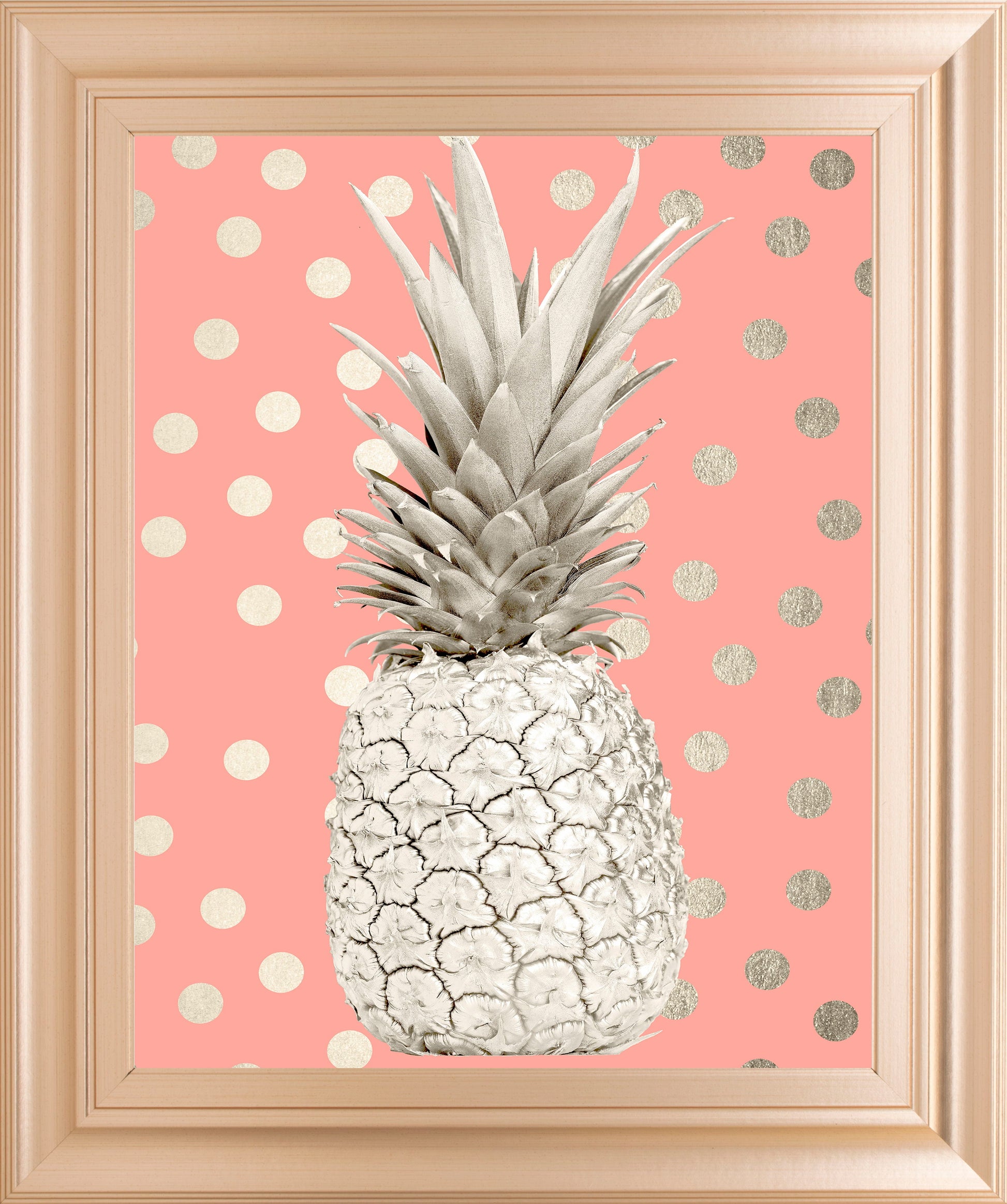 White Gold Pineapple On Polka Dots Pink By Nature Magick - Framed Print Wall Art - Gold Classy Art