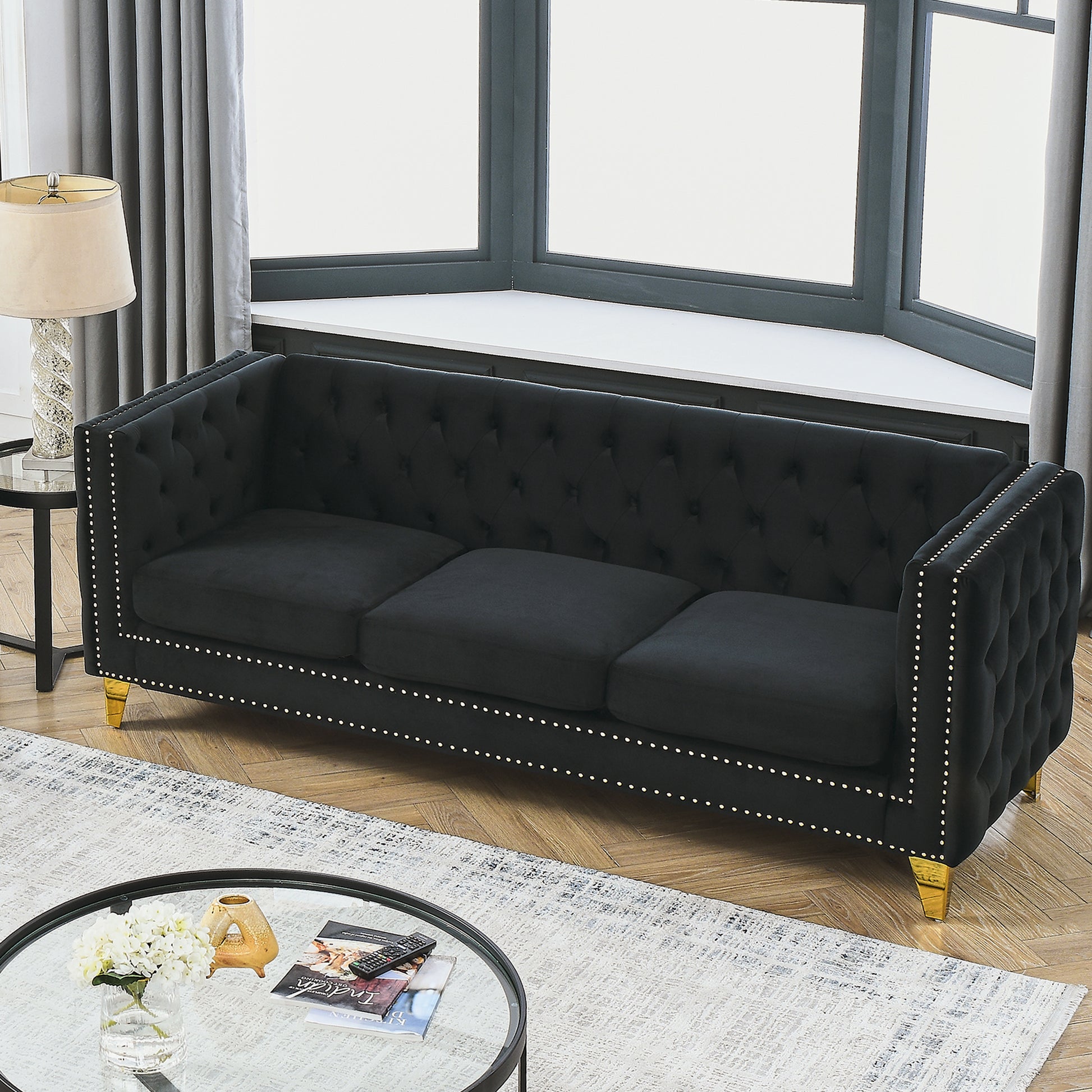 {Contact us for 3D modeling} Velvet Sofa for Living Room,Buttons Tufted Square Arm Couch, Modern Couch Upholstered Button and Metal Legs, Sofa Couch for Bedroom, Black Velvet(W834S00022) House to Home Furnishings LLC