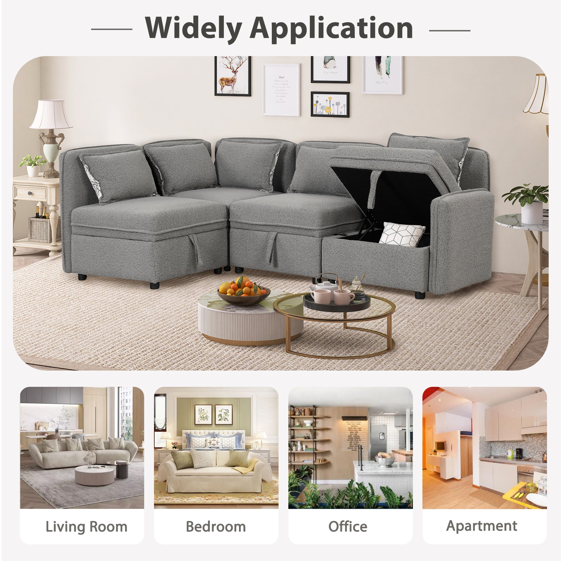 122.8" Convertible Modular Minimalist Sofa Free Combination 4 Seater Sofa Chenille Fabric Sectional sofa with 5 Pillows for Living Room, Office, Apartment, Small Space, Gray House to Home Furnishings LLC