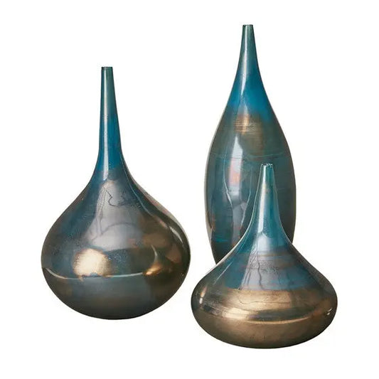 Blue and Bronze Decorative Glass Vases 3-piece set Blue Metal Olliix.com