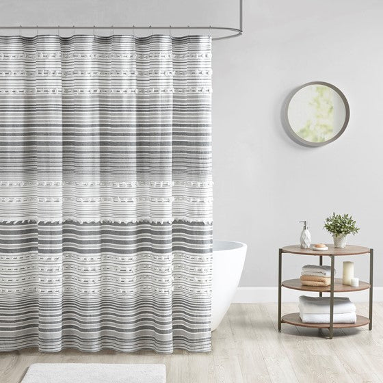 Cotton Yarn Dye Shower Curtain with Pom Poms Grey Olliix.com