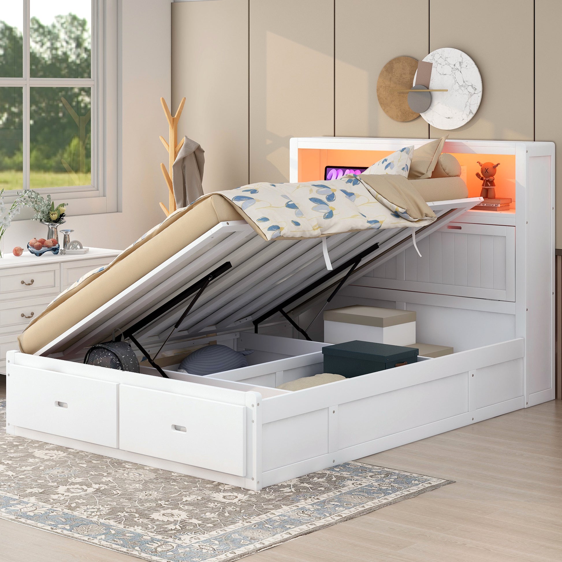 Wood Queen Size Hydraulic Platform Bed with Storage LED Headboard, Charging Station and 2 Drawers, White (FREE SHIPPING) House to Home Furnishings LLC