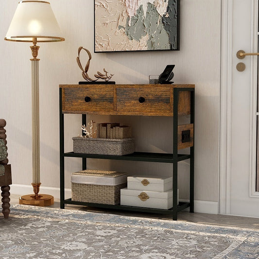 Ultimate Entryway Console Table, Narrow Sofa table with 2 Drawers, 2 Shelves, AC Outlets, 2 USB Ports, 1 Type C Port, Table Entrance table for Living Room, Foyer, Hallway Industrial Entry Table