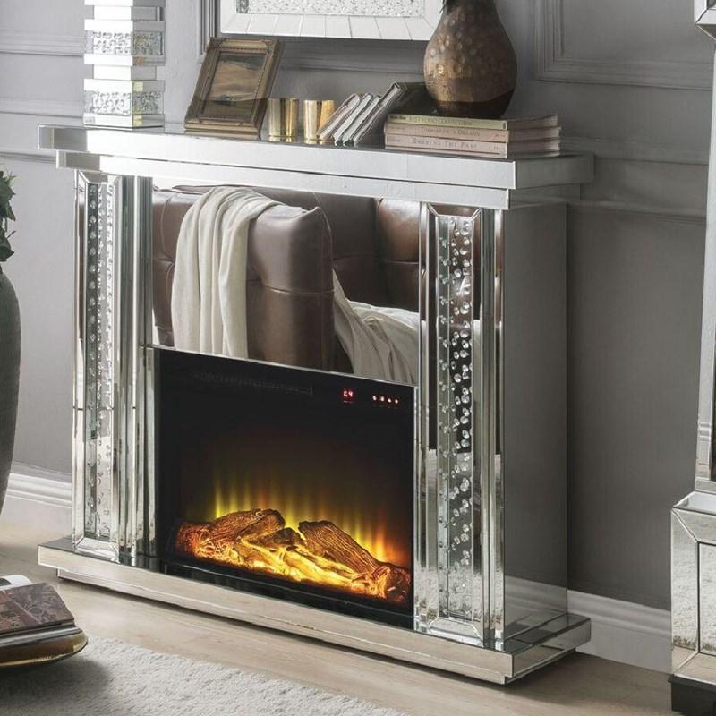 Acme Furniture Nysa Fireplace in Mirrored & Faux Crystals 90254 ACME East