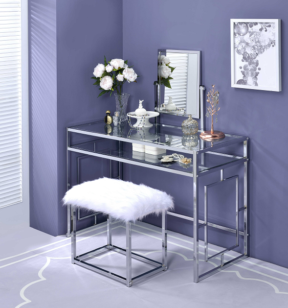 Carenze II White Faux Fur & Chrome Vanity Set ACME East