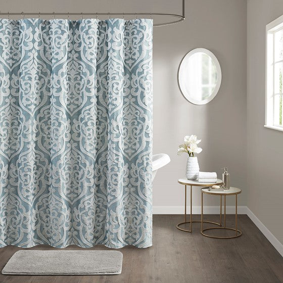 Jacquard Shower Curtain Aqua/Silver Olliix.com