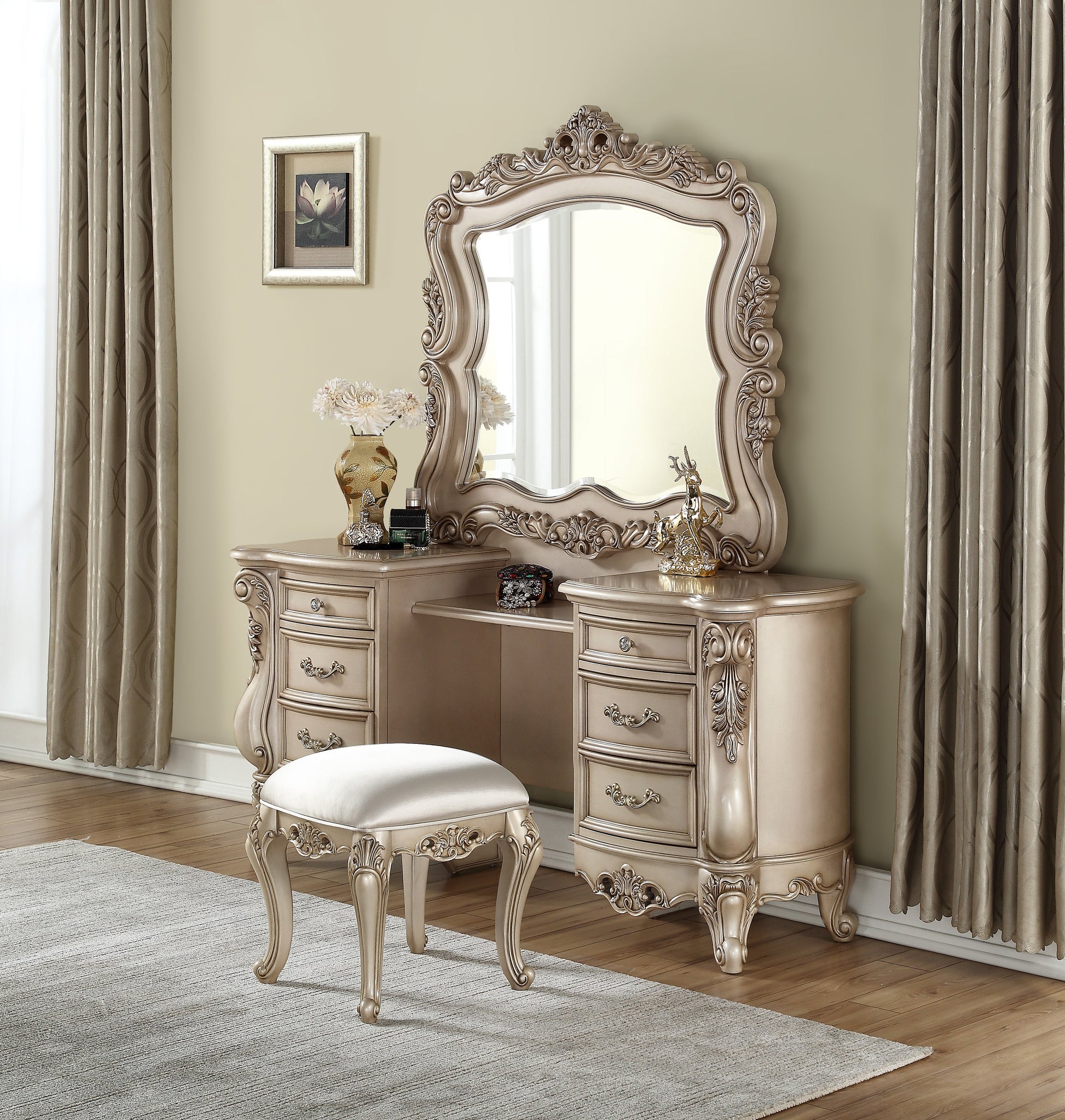 Gorsedd Antique White Vanity Desk & Mirror ACME East