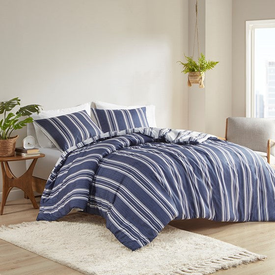 Striped Reversible Duvet Cover Set Navy Twin XL Olliix.com