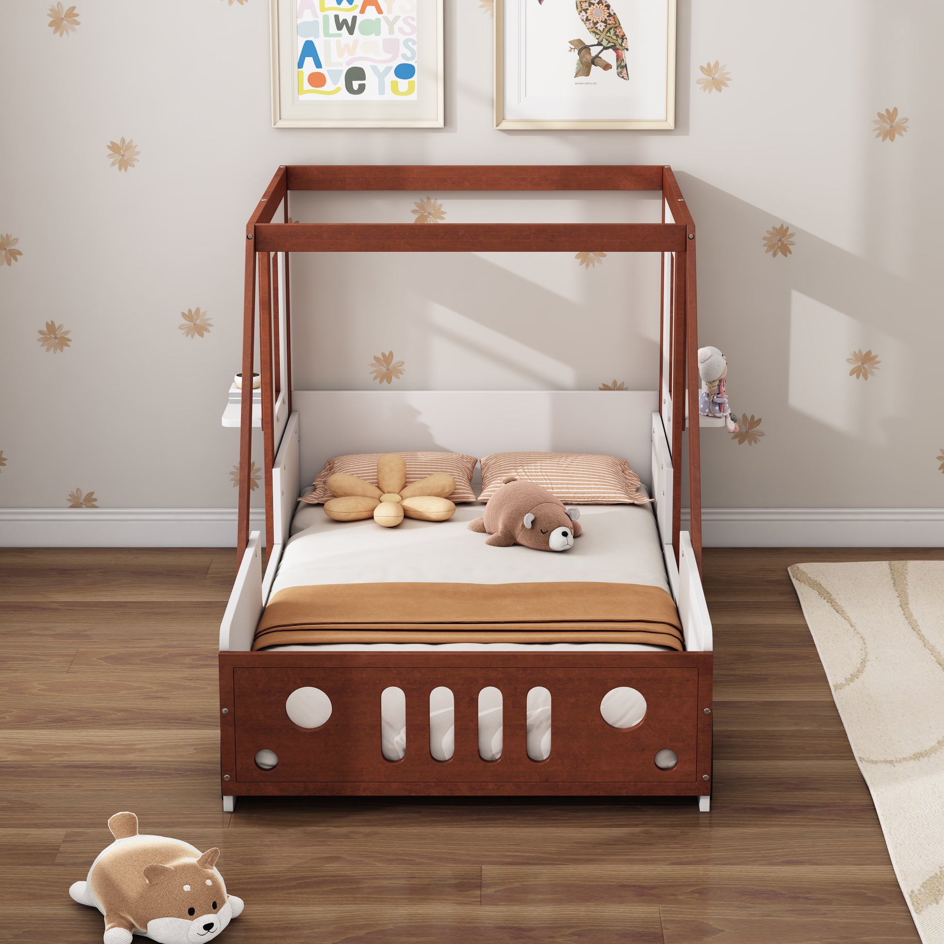 Fun Play Design Twin Size Car Bed, Kids Platform Bed in Car-Shaped for Kids Boys Girls Teens,White+ Orange House to Home Furnishings LLC