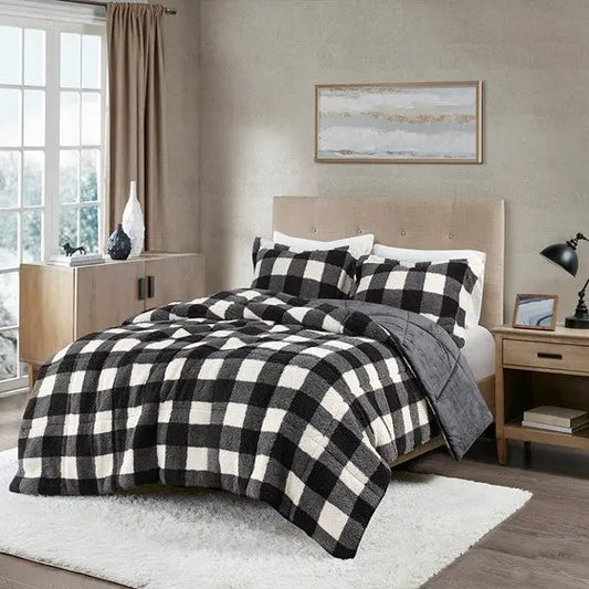 Print Sherpa Down Alternative Comforter Set Ivory/Black Full/Queen Olliix.com