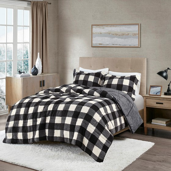 Print Sherpa Down Alternative Comforter Set Ivory/Black King Olliix.com