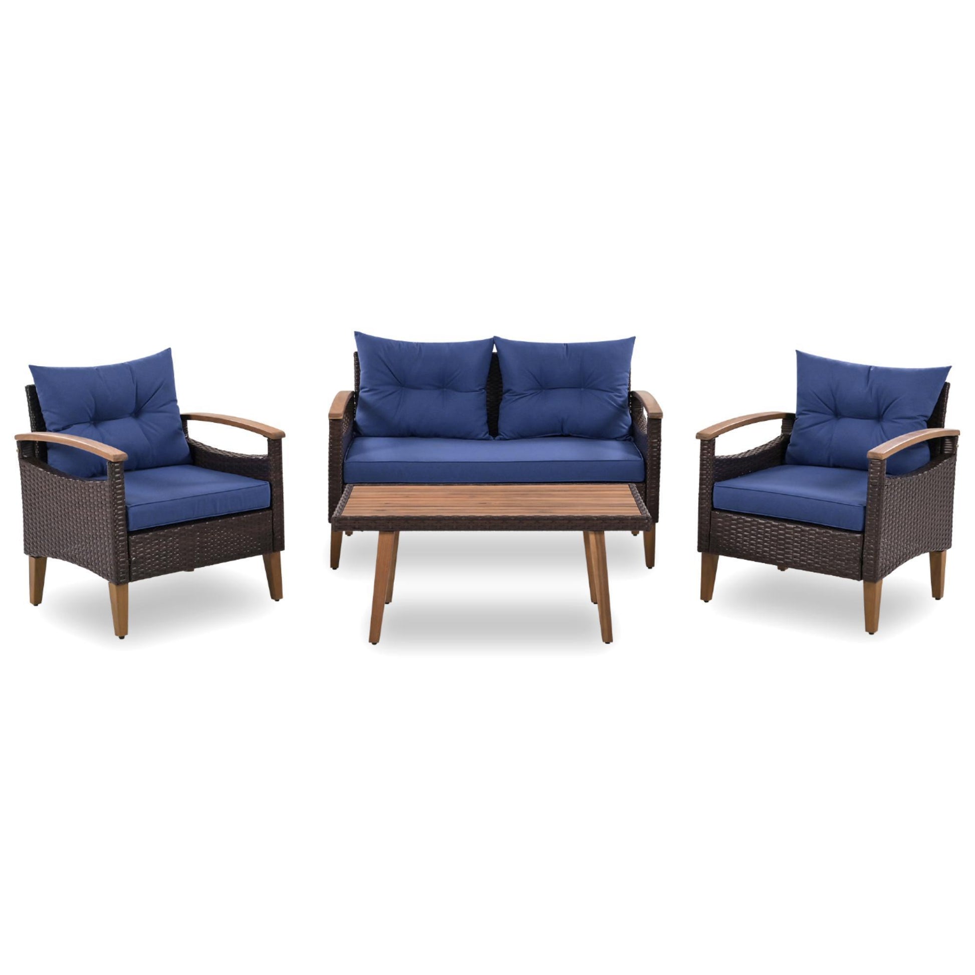 GO 4-Piece Garden Furniture,  Patio Seating Set, PE Rattan Outdoor Sofa Set, Wood Table and Legs, Brown and Blue House to Home Furnishings LLC