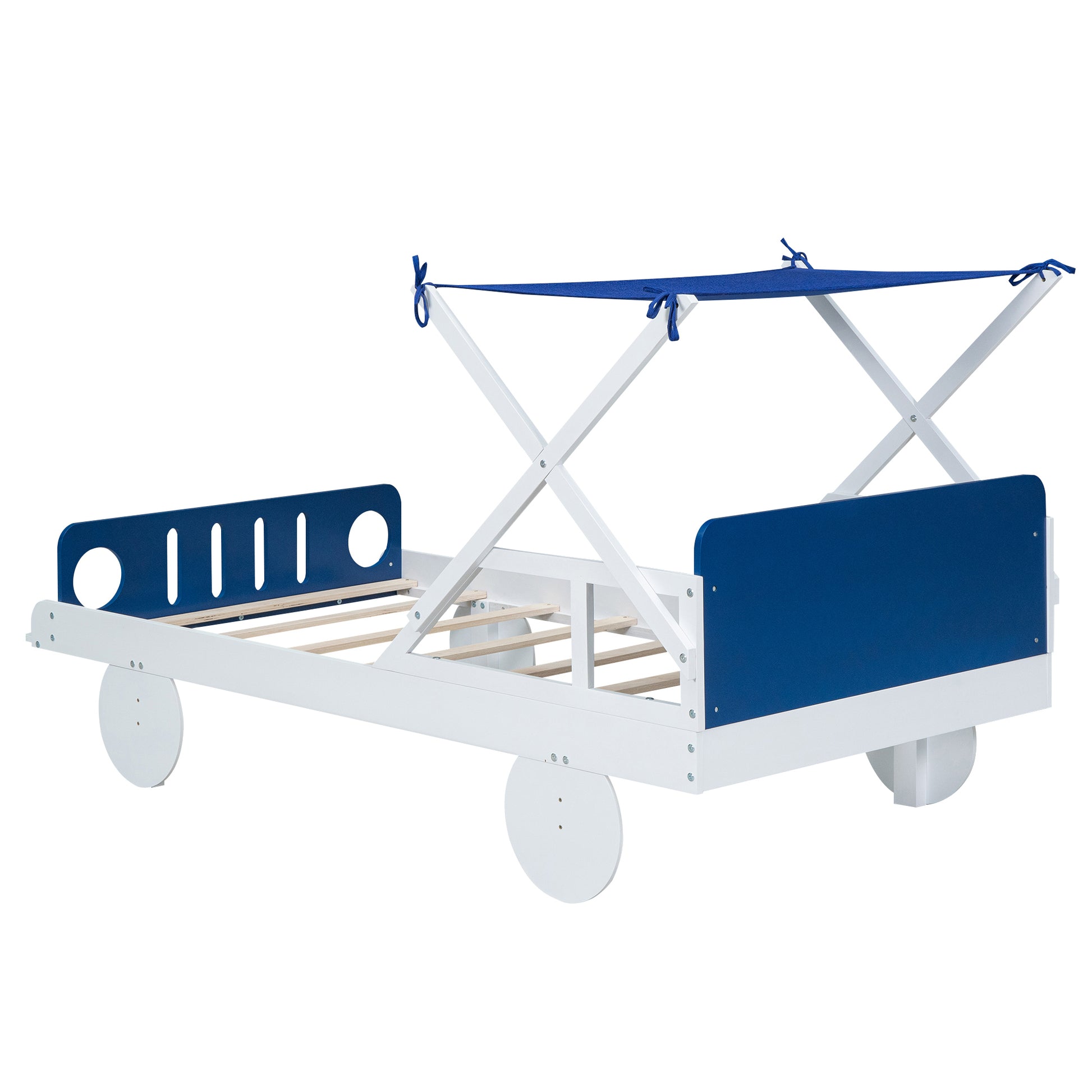 Wood Twin Size Car Bed with Ceiling Cloth, Headboard and Footboard, White+Blue House to Home Furnishings LLC