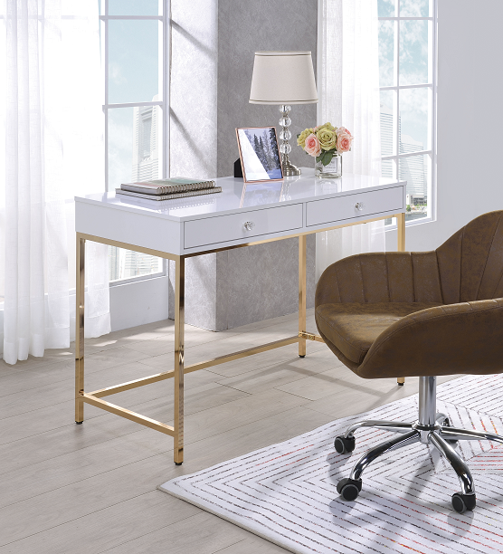 Ottey White High Gloss & Gold Desk ACME East