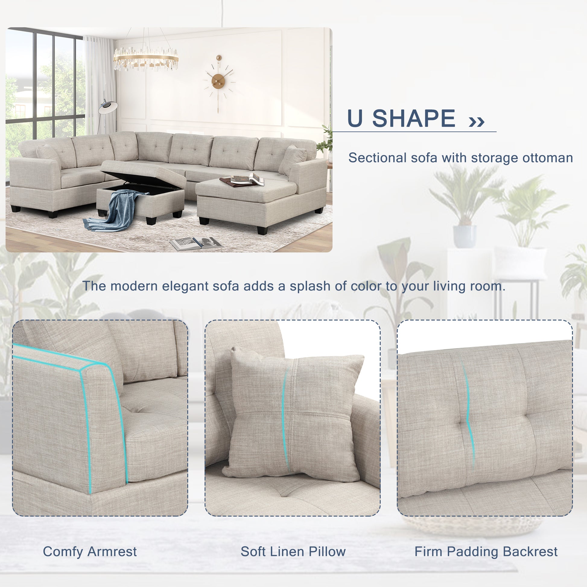 121.3" Oversized Sectional Sofa with Storage Ottoman, U Shaped Sectional Couch with 2 Throw Pillows for Large Space Dorm Apartment House to Home Furnishings LLC