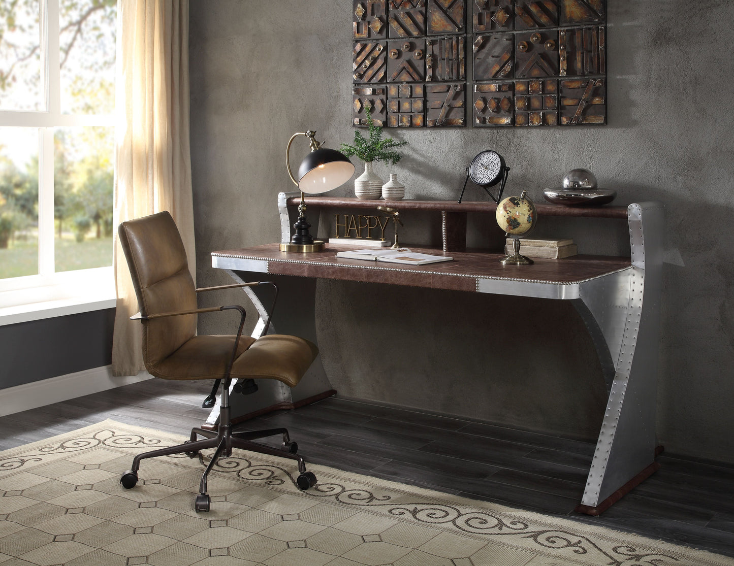 Brancaster Retro Brown Top Grain Leather & Aluminum Desk ACME East