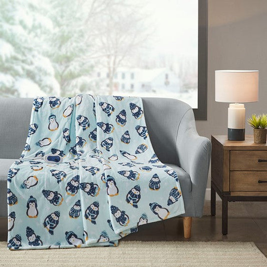 Printed Heated Throw Aqua Penguins Olliix.com