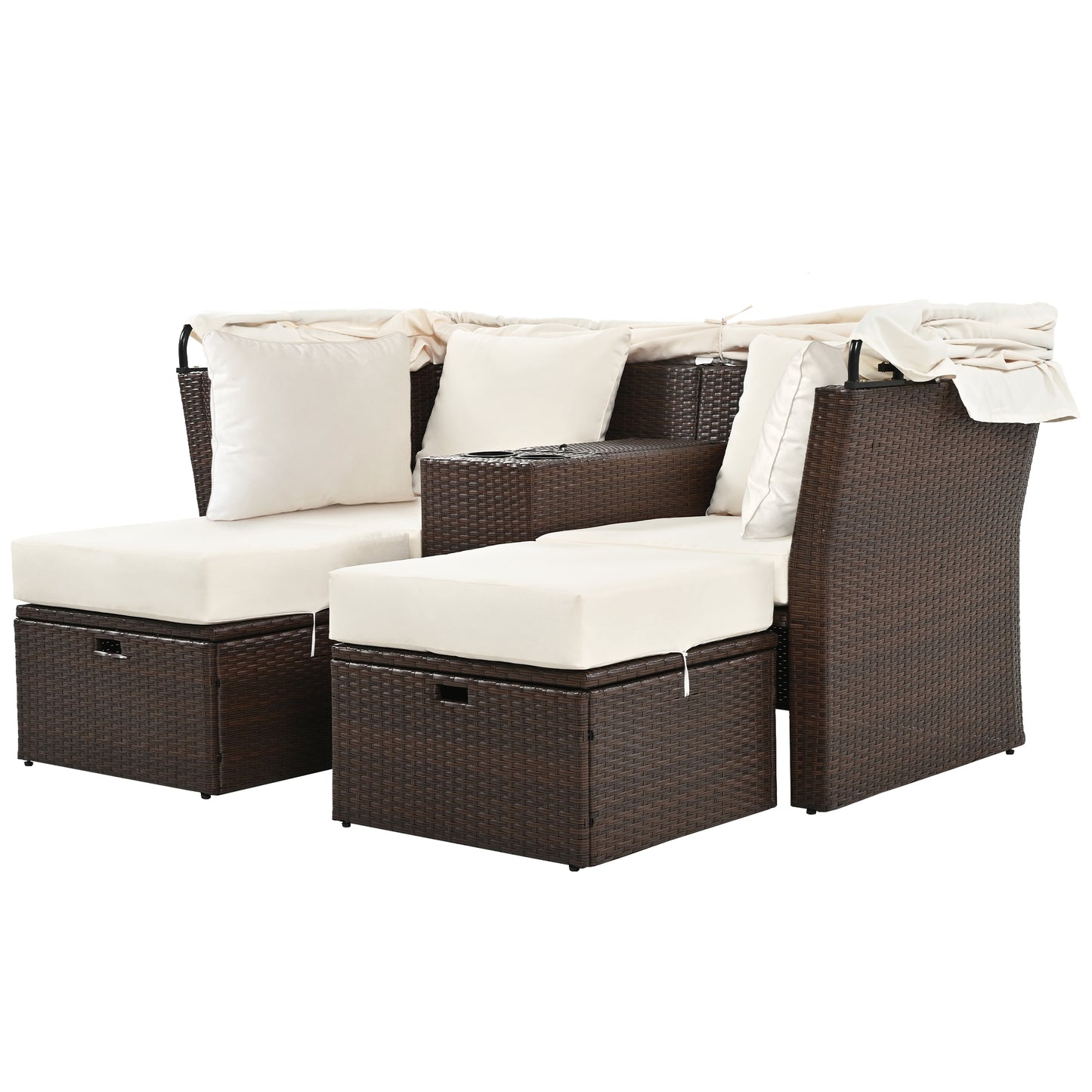 2-Seater Outdoor Patio Daybed Outdoor Double Daybed Outdoor Loveseat Sofa Set with Foldable Awning and Cushions for Garden, Balcony, Poolside, Beige ***(FREE SHIPPING)*** House to Home Furnishings LLC