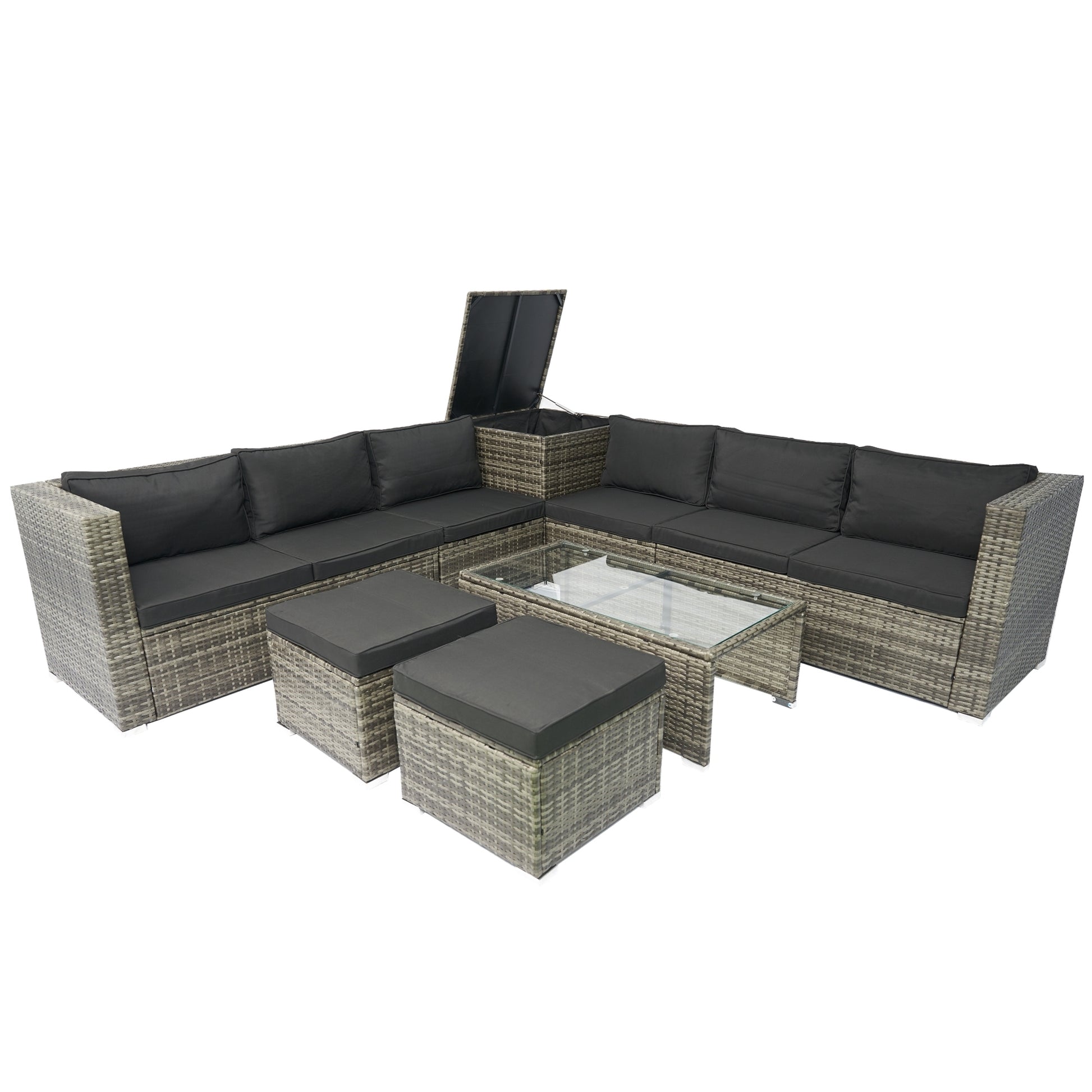 8 Piece Patio Outdoor Sectional Wicker Rattan Outdoor Furniture Sofa Set with One Storage Box Under Seat and Cushion Box Grey wicker + Black Cushion + Clear Glass Top House to Home Furnishings LLC