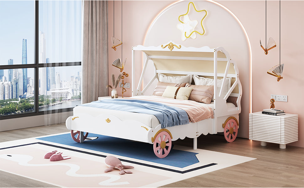 Full Size Princess Carriage Bed with Canopy, Wood Platform Car Bed with 3D Carving Pattern, White+Pink+Gold House to Home Furnishings LLC