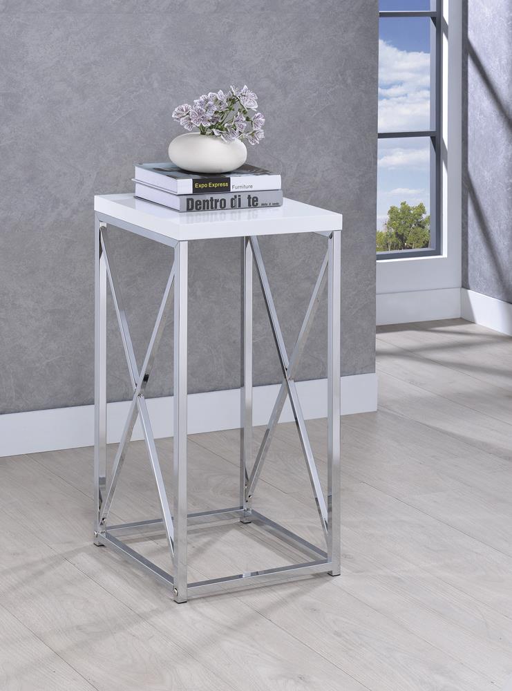 G930014 Contemporary Glossy White and Chrome Accent Table Coaster Z2 Premium