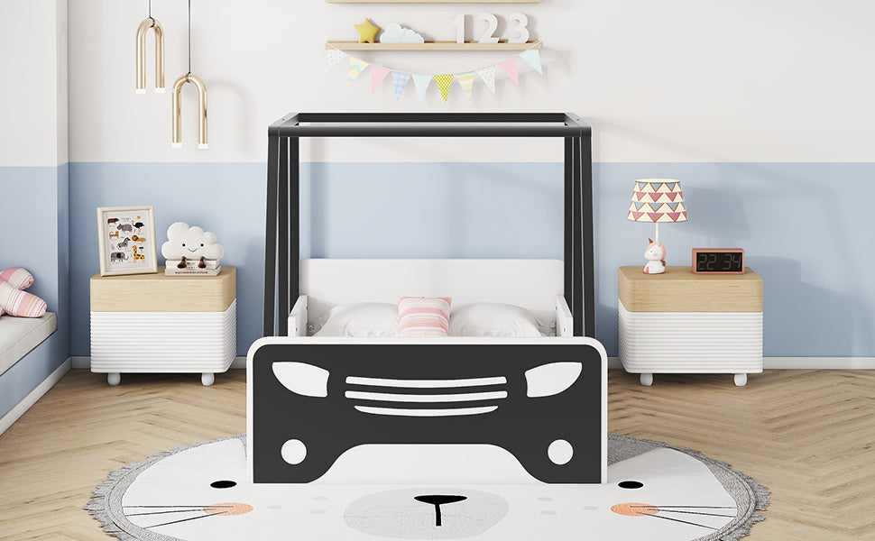 Twin Size Car-shaped Bed with Roof,Wooden Twin Floor Bed with wheels and door Design,Montessori Inspired Bedroom,Black House to Home Furnishings LLC