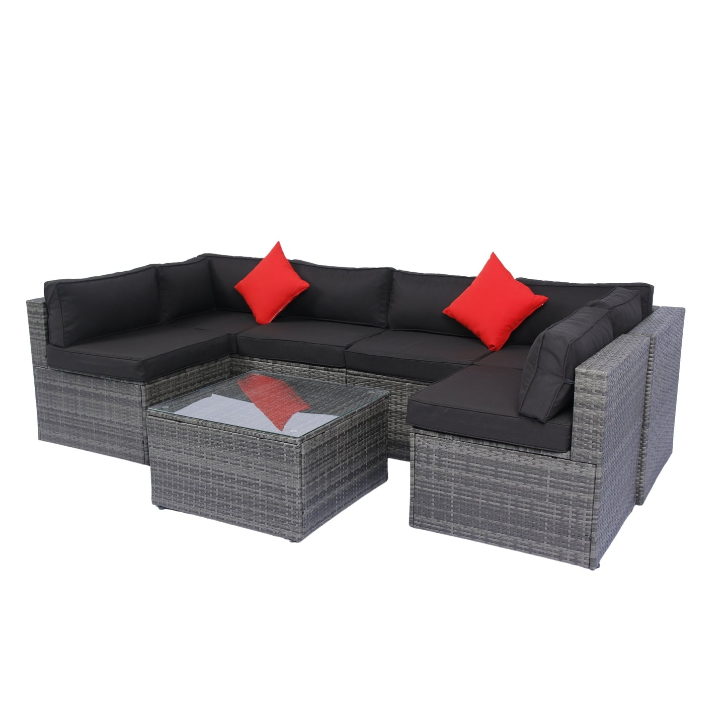 5 Pieces PE Rattan sectional Outdoor Furniture Cushioned U Sofa set with 2 Pillow Grey wicker + Black Cushion House to Home Furnishings LLC