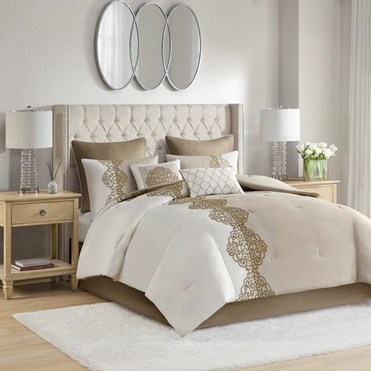 8 Piece Embroidered Microfiber Comforter Set Tan Queen Olliix.com