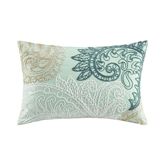 Cotton Oblong Pillow with Chain Stitch Aqua Olliix.com