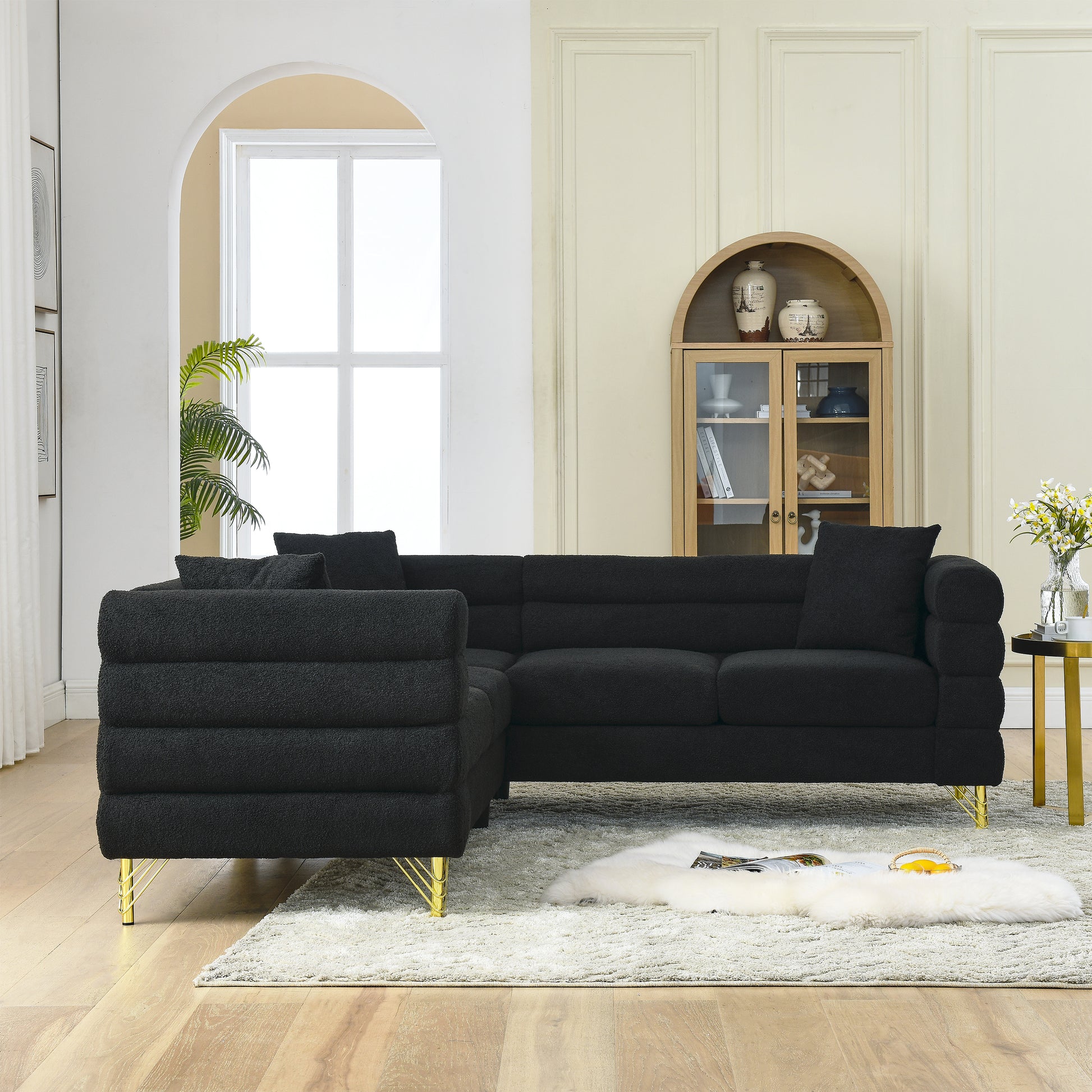 81.5-Inch Black Velvet Oversized Corner Sofa, L-Shaped Sectional Couch,   5-Seater Corner Sofas with 3 Cushions for Living Room, Bedroom, Apartment, Office House to Home Furnishings LLC