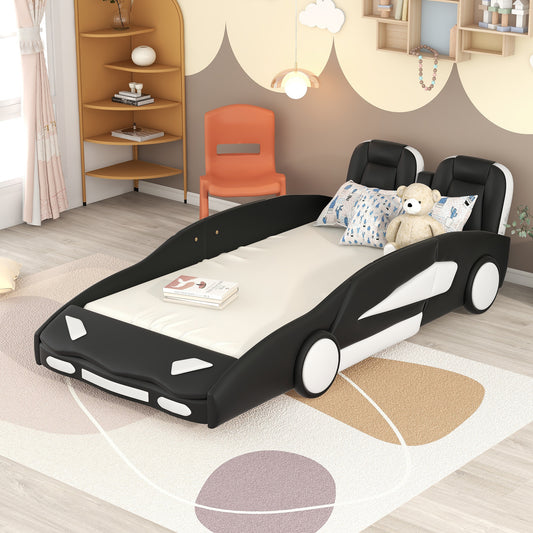 Twin Size Race Car-Shaped Platform Bed with Wheels, Black House to Home Furnishings LLC