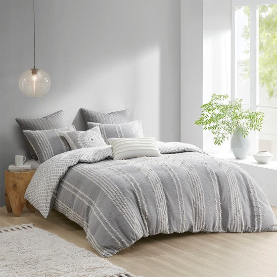 3 Piece Cotton Jacquard Comforter Set Gray Full/Queen Olliix.com