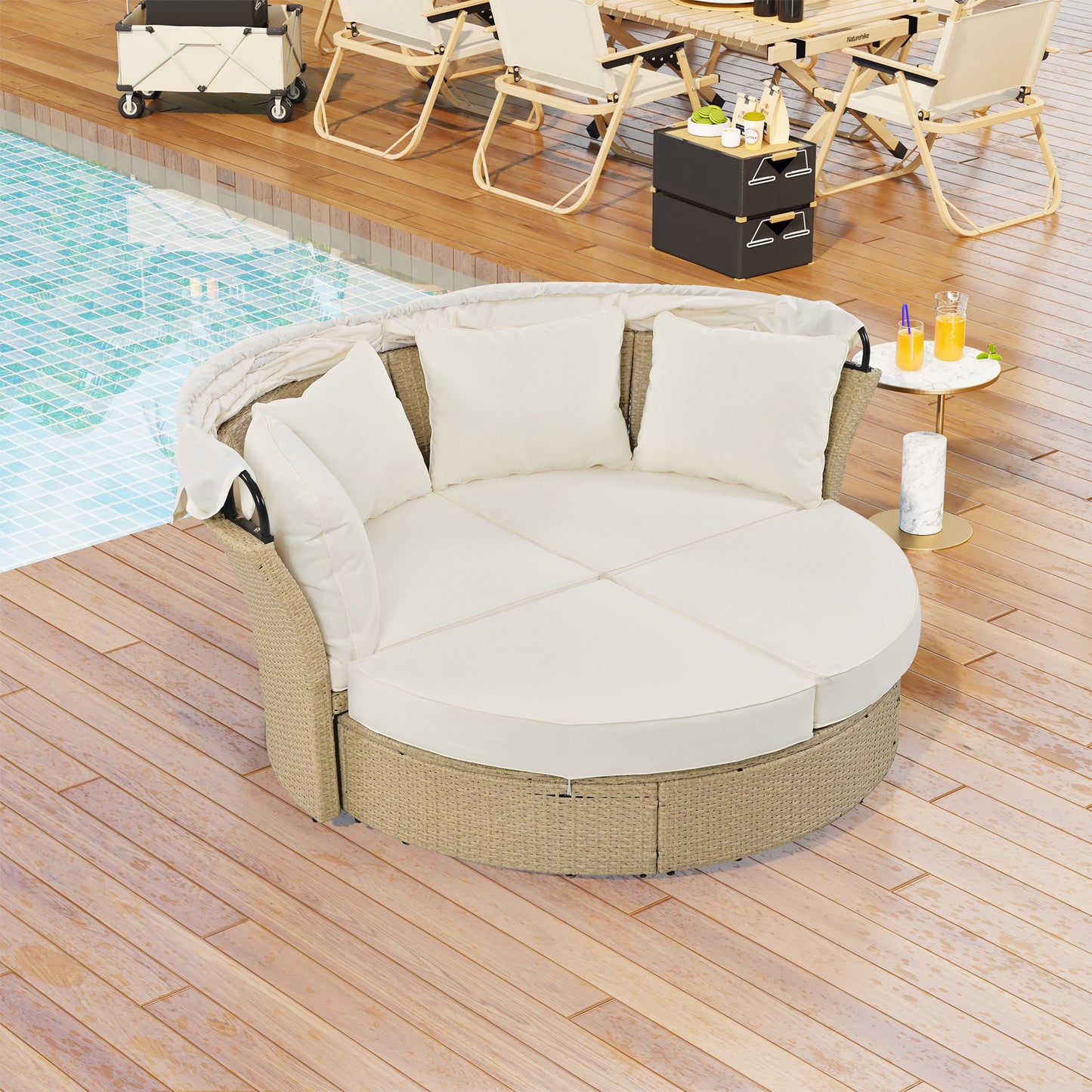 Outdoor Patio Daybed Wicker Rattan Double Daybed Round Sofa Furniture Set with Retractable Canopy, 4 Pillows for Lawn Garden Backyard Porch Pool, Beige House to Home Furnishings LLC