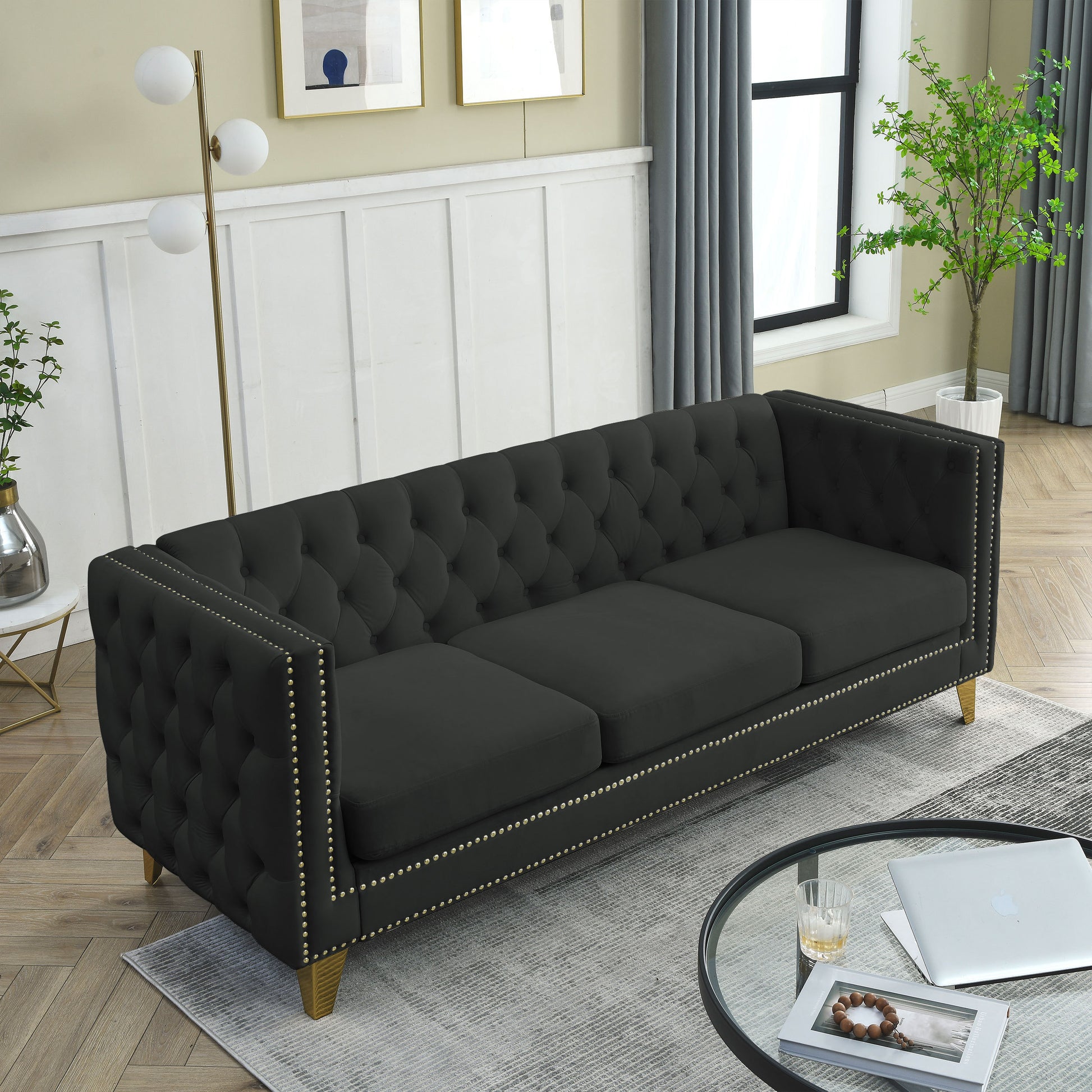 {Contact us for 3D modeling} Velvet Sofa for Living Room,Buttons Tufted Square Arm Couch, Modern Couch Upholstered Button and Metal Legs, Sofa Couch for Bedroom, Black Velvet(W834S00022) House to Home Furnishings LLC