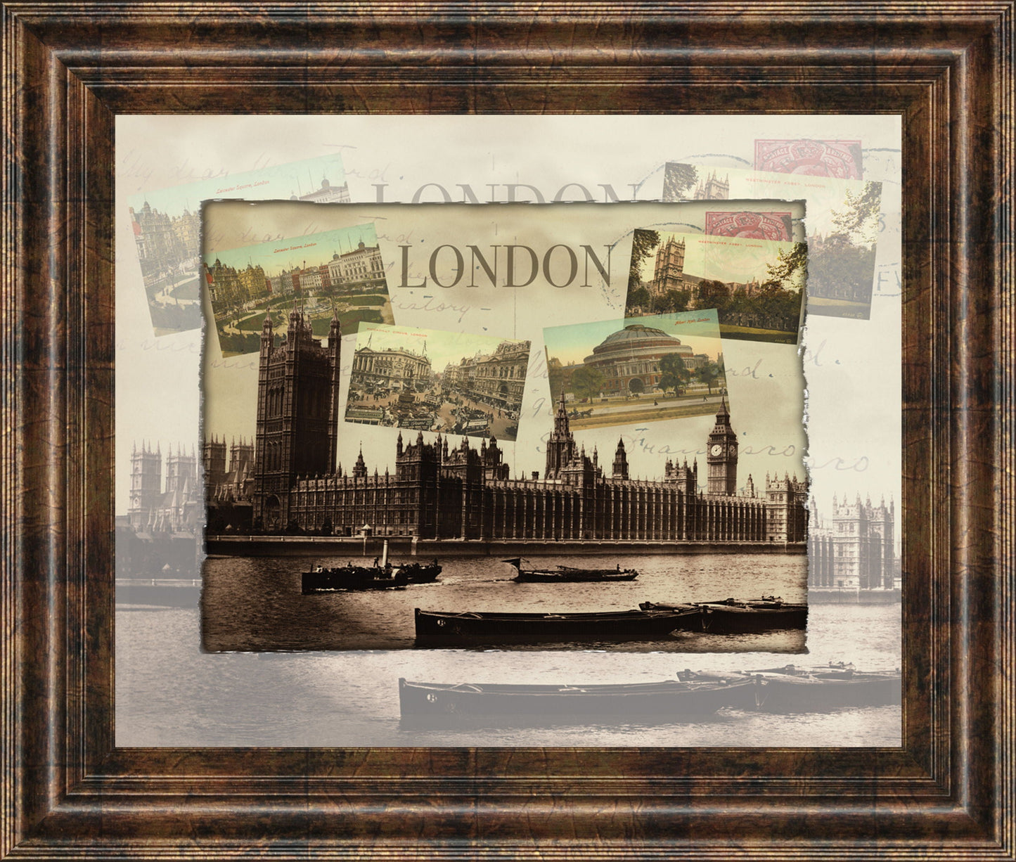 London Postcard By- Framed Print Wall Art - Dark Brown Classy Art