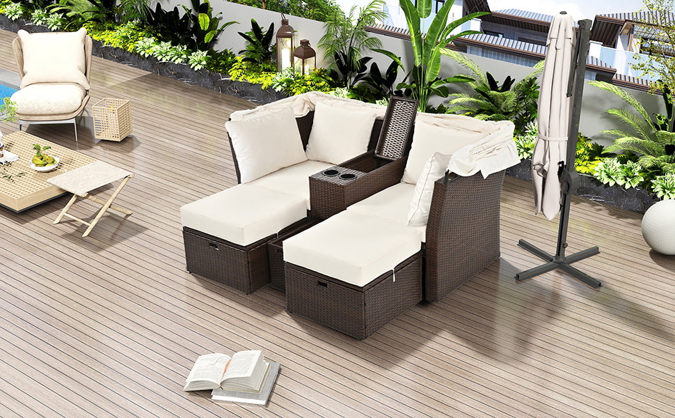 2-Seater Outdoor Patio Daybed Outdoor Double Daybed Outdoor Loveseat Sofa Set with Foldable Awning and Cushions for Garden, Balcony, Poolside, Beige ***(FREE SHIPPING)*** House to Home Furnishings LLC