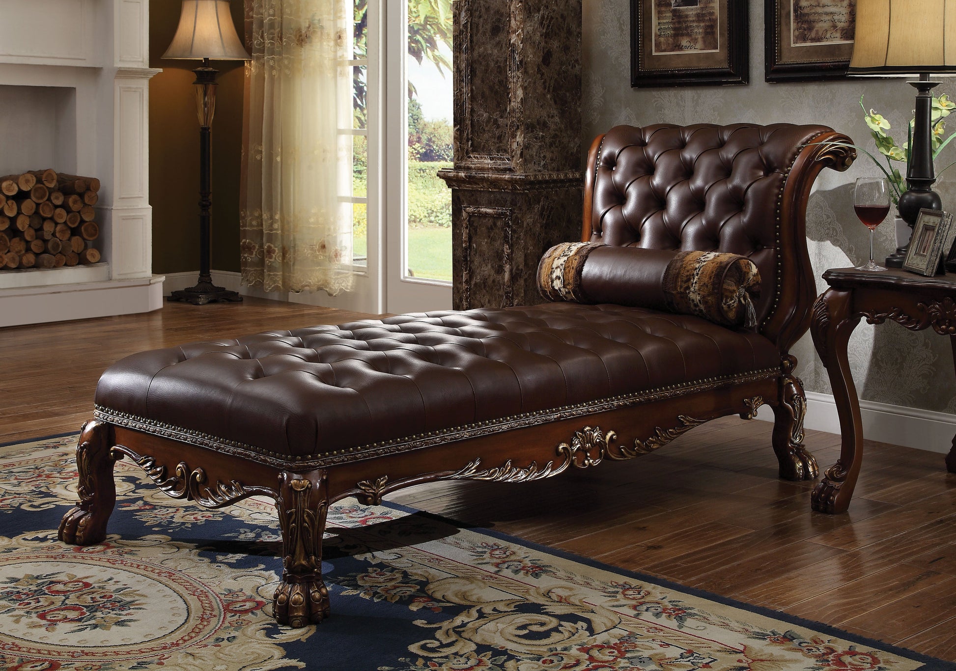 Dresden PU & Cherry Oak Chaise & Pillow ACME East