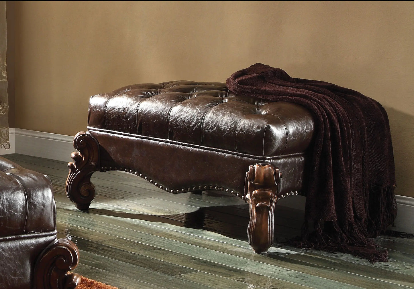 Versailles 2-Tone Dark Brown PU & Cherry Oak Ottoman ACME East