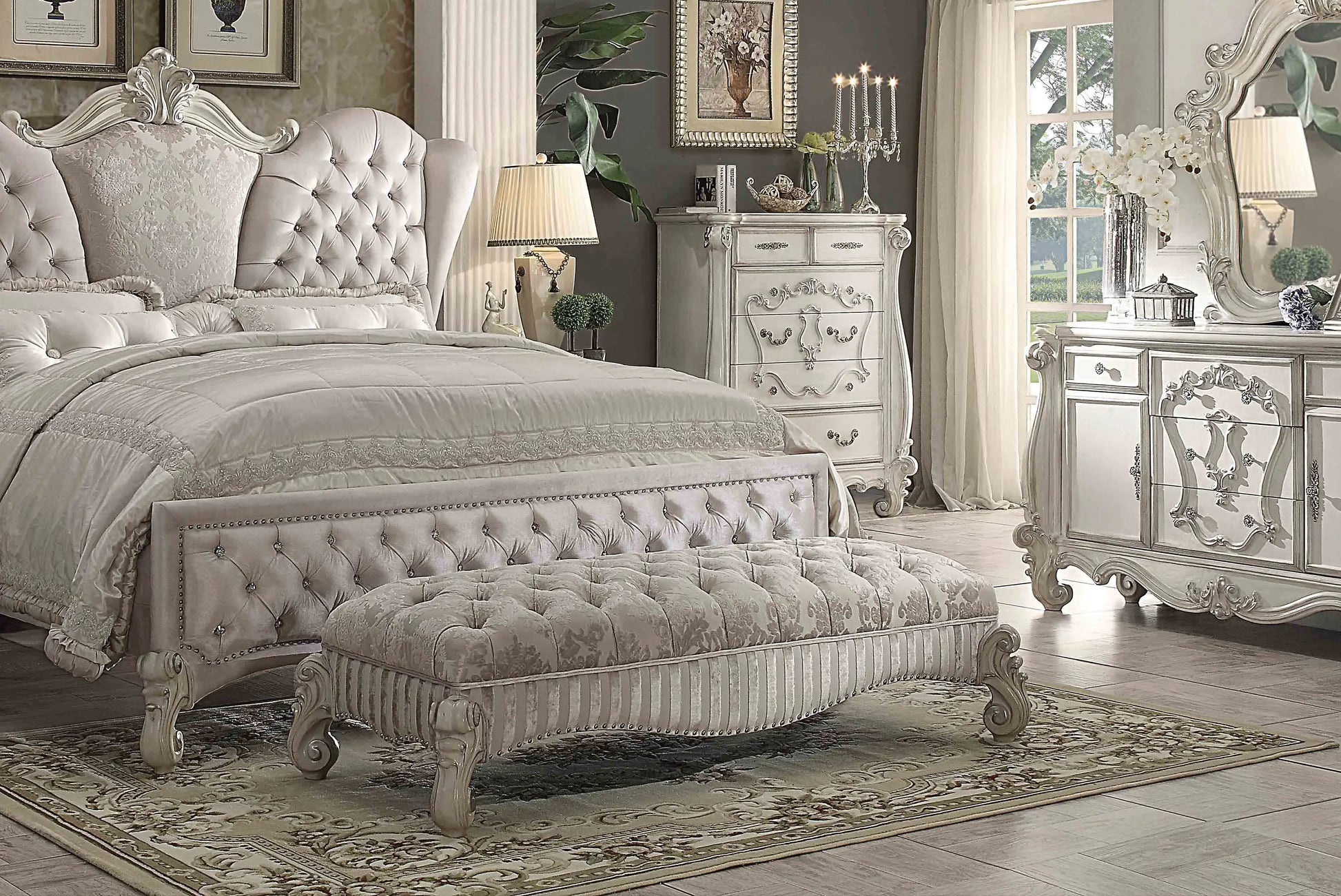 Versailles Ivory Fabric & Bone White Bench ACME East