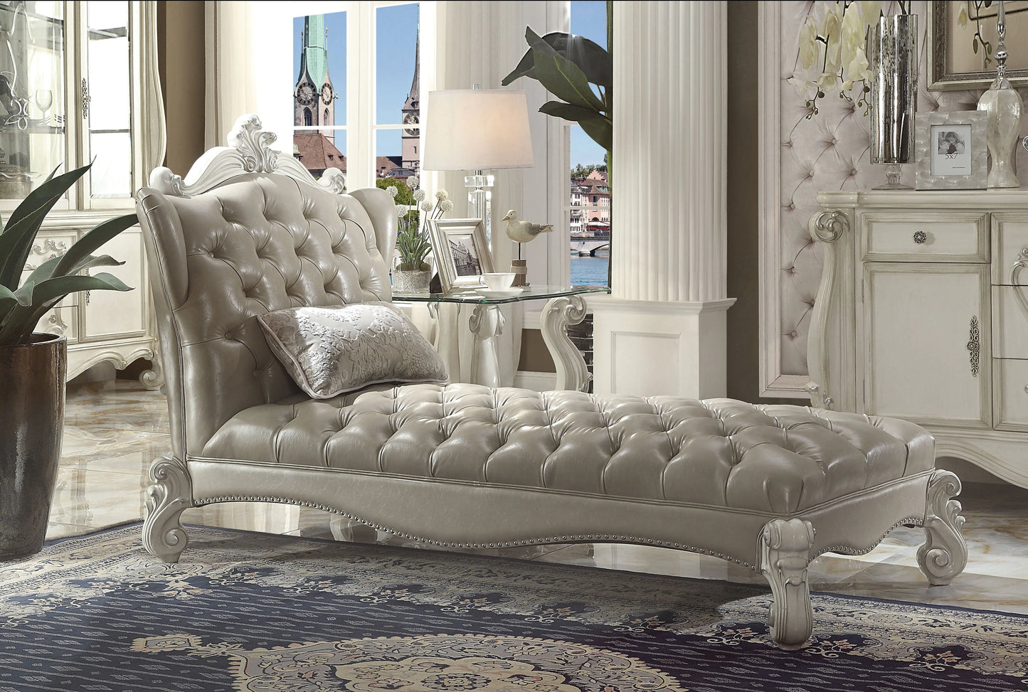 Versailles Vintage Gray PU & Bone White Chaise & Pillow ACME East