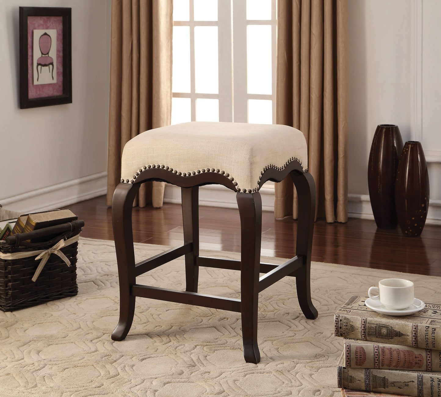 Kakabel Cream Fabric & Espresso Counter Height Stool (1Pc) ACME East