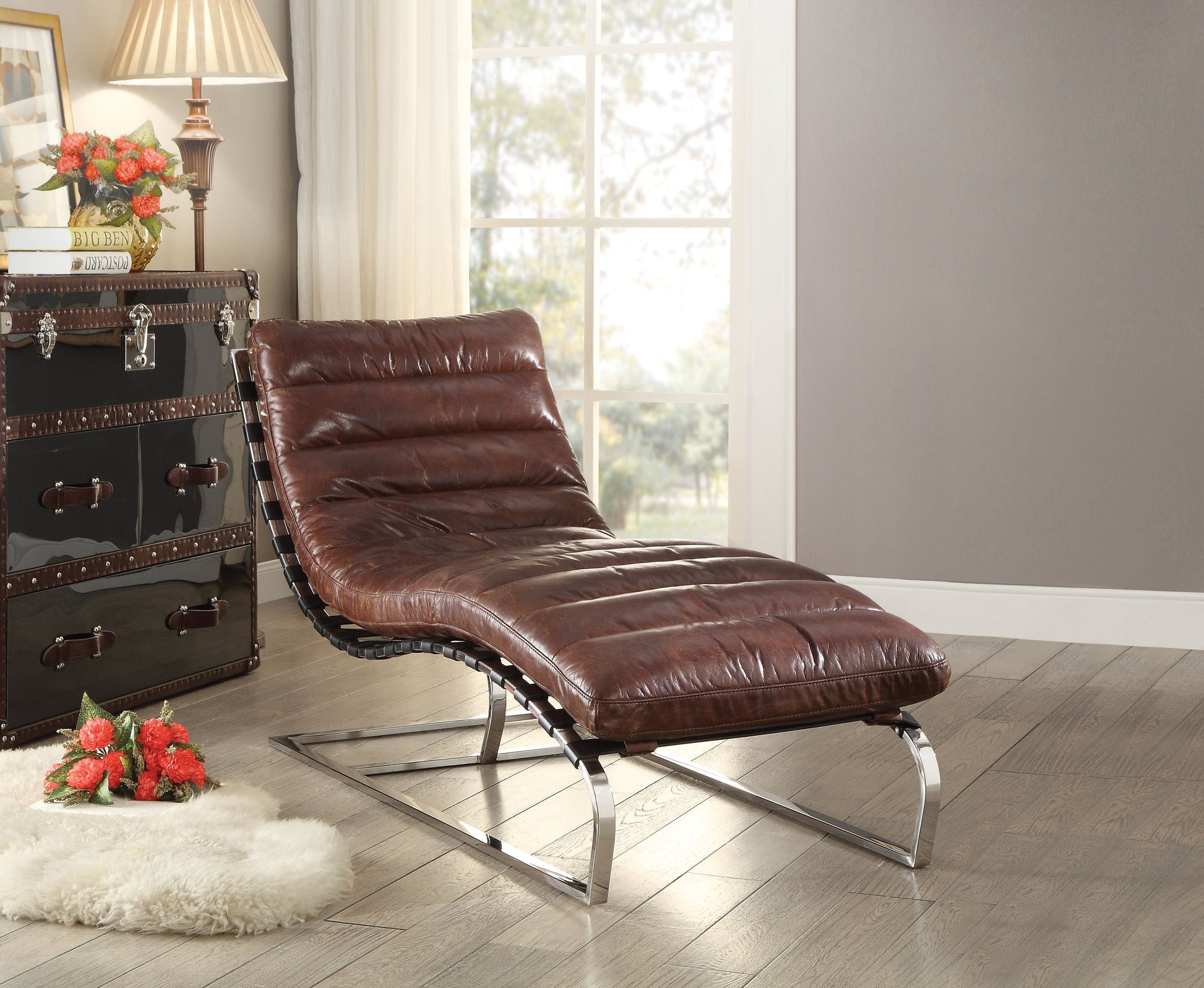 Qortini Vintage Dark Brown Top Grain Leather & Stainless Steel Chaise ACME East