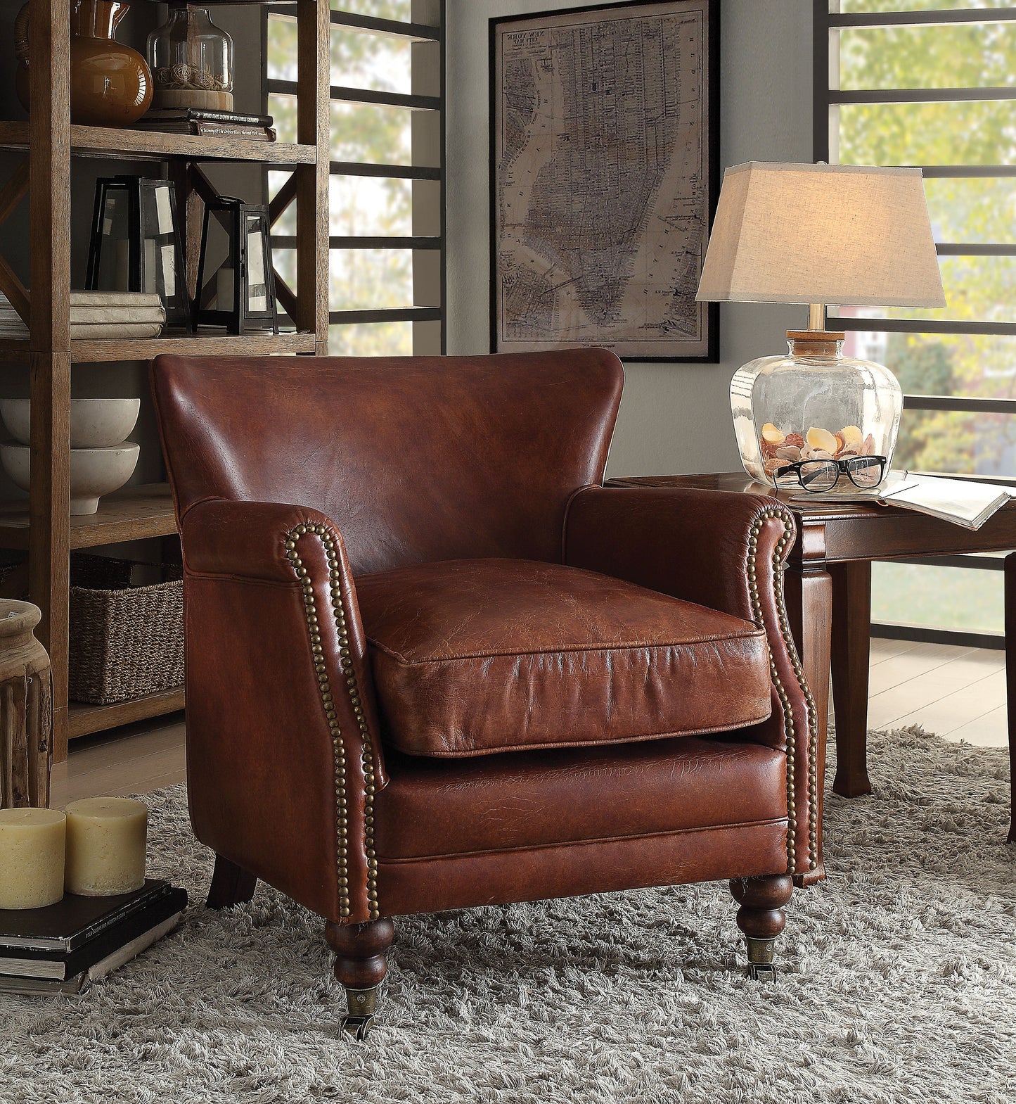 Leeds Vintage Dark Brown Top Grain Leather Accent Chair ACME East