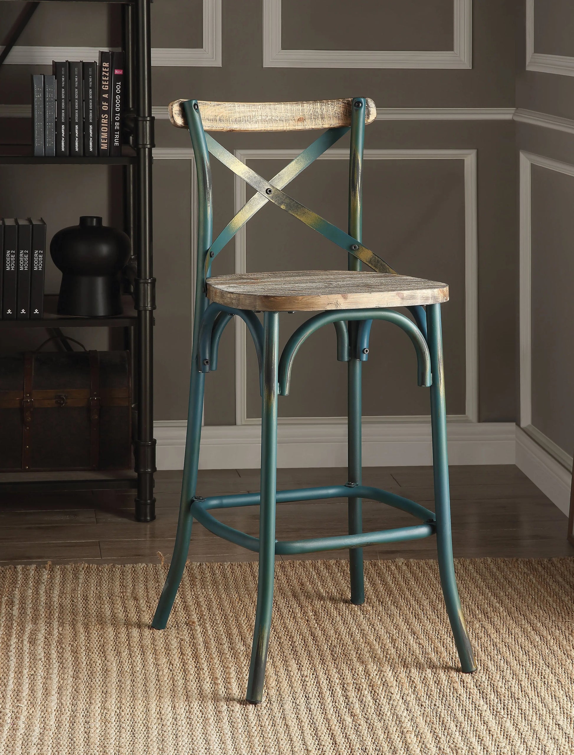 Zaire Antique Turquoise & Antique Oak Bar Chair (1Pc) ACME East