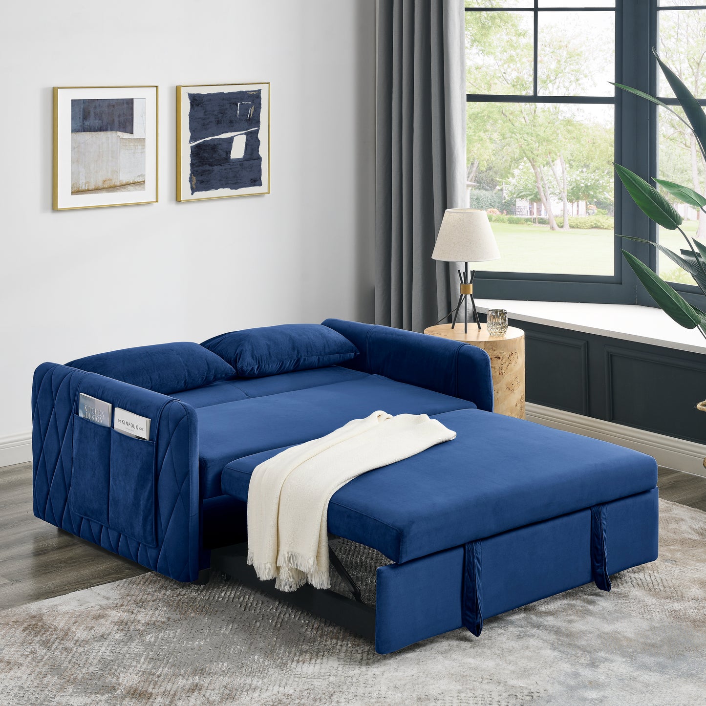 55" Modern Convertible Sofa Bed with 2 Detachable Arm Pockets, Velvet Loveseat Sofa with Pull Out Bed, 2 Pillows and Living Room Adjustable Backrest, Grid Design Armrests ***(FREE SHIPPING)*** House to Home Furnishings LLC